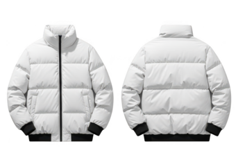 Front and back view of a white puffer jacket on a black background