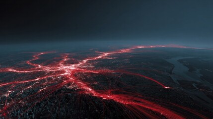 Apocalyptic crimson networks illuminate the nightscape, evoking Bonfire Night's fiery tapestry and Cybersecurity Awareness Month's digital vigilance