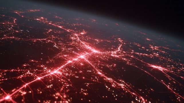 Charged with cosmic energy, glowing red earth grid evokes techno-geosophy and the mystique of global International Dark Sky Week