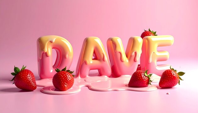 DAVE" letters, glazed with pink and cream icing, surrounded by strawberries against a pale pink background - Powered by Adobe
