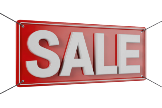 A vibrant red banner with bold, white 3D 'SALE' letters hangs diagonally by ropes. Perfect for advertising promotions and discounts. background removed