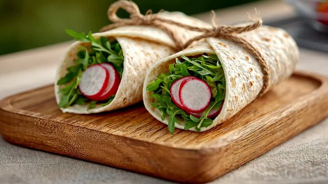 Preparing fresh vegetable wraps with radishes and arugula on wooden board