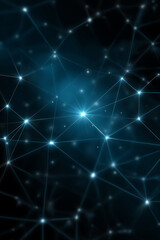 An abstract network of glowing blue dots connected by lines against a dark backdrop, resembling a digital web or constellation.