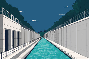 Tilt perspective of a downstream channel with lined walls.