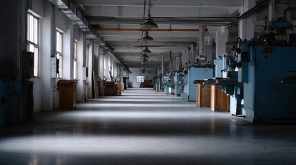 Dimly lit factory corridor whispers of urban nostalgia, echoing Industrial Heritage Day and Shadows Appreciation Week, Euclidean calm