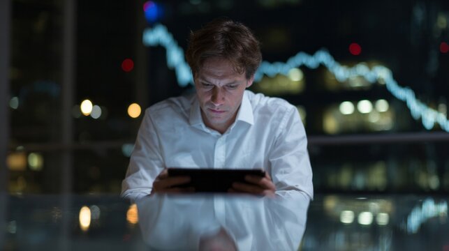 Engrossed in luminous glow, a caucasian man analyzes digital constellations, embodying Solstice of Data and Cyber Monday reveries