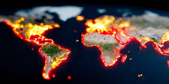 Glowing world map with fiery edges, symbolizing geomagnetic storm week, Earth Day, and celestial cartography appreciation events