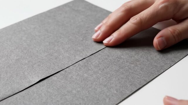 Person Folding Gray Paper on White Surface, Close Up