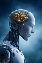 Cyborg with advanced AI: A futuristic humanoid with neural network visible in its head, embodying technological progress.