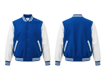 Front and back view of a blue and white letterman style jacket item