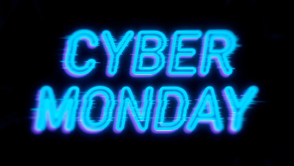 "CYBER MONDAY" blue neon text with glitch effect on black background, marketing banner