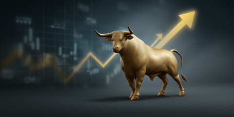 Golden bull figure symbolizes market trends. Charts and upward arrow suggest positive financial growth and investment success.