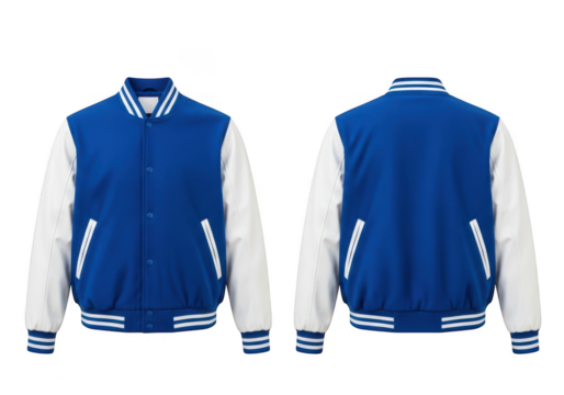 Front and back view of a blue and white letterman style jacket item