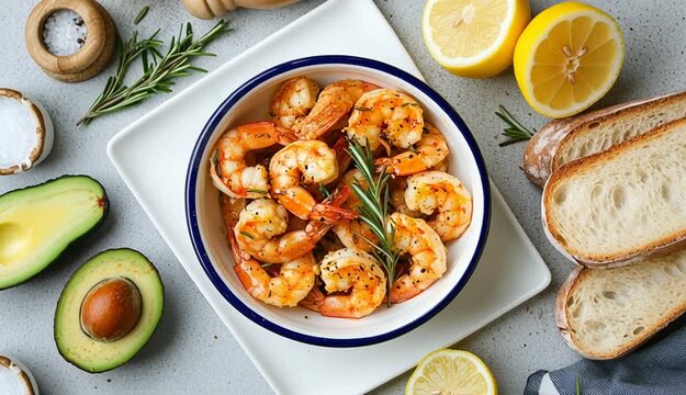 Overhead flat lay food photography, cooked shrimp in white enamel bowl with blue rim, garnished with fresh rosemary, light gray concrete texture background, sliced baguette bread on white rectangula