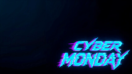 Blue neon "CYBER MONDAY", glitch text, negative space, bottom-right placement