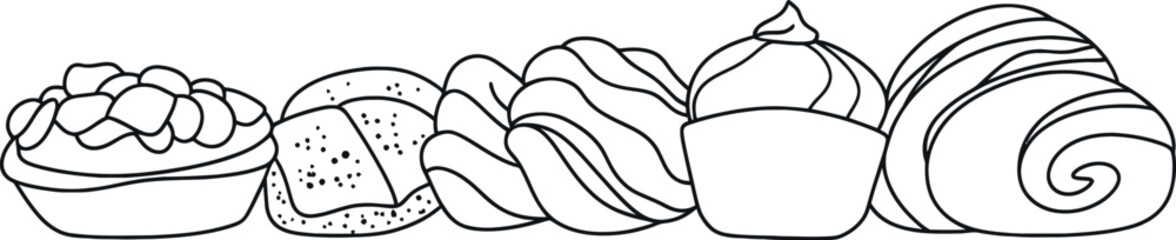 A continuous one line sweet bakery is represented in a modern illustration set with pastry and dessert icons and editable stroke paths