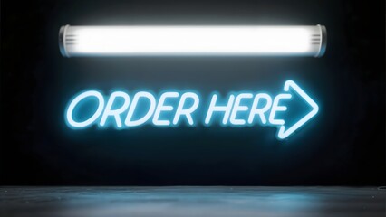Neon "ORDER HERE" arrow sign glowing above empty counter on dark background 