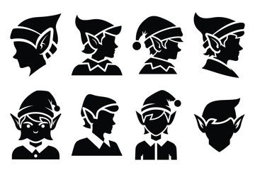 Fototapeta premium elf simple vector icon set. christmas silhouette icons on black color and white background.