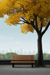 Urban autumn scene featuring a wooden bench under a golden tree, with a cityscape in the background. Peaceful and scenic.
