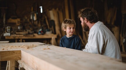 Fatherhood wisdom exchange in rustic workshop, European descent male duo crafting stories, celebrates Woodworking Month and Father's Day