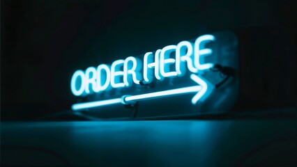 Neon "ORDER HERE" sign with arrow glowing on dark background, takeout ordering banner