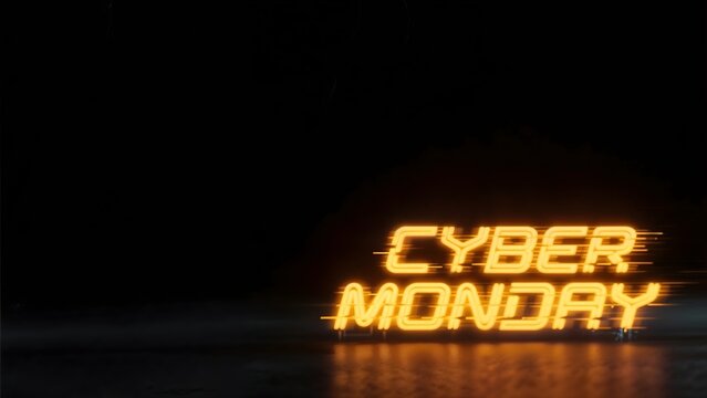 Cyber Monday sale banner mockup with amber neon glitch text and negative space
