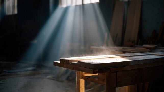 Dim sunlight filters through rustic workshop windows onto an old oak table, echoing whispers of craftsmanship and Dia del Carpintero
