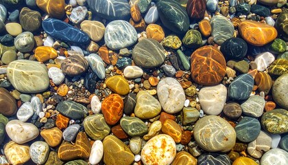 Colorful pebbles underwater. Clear water reveals shapes & hues of river stones, glistening. Smooth, natural textures abound