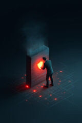 Securing data with a firewall. A businessman stands facing a firewall with a protective shield, symbolizing cybersecurity.