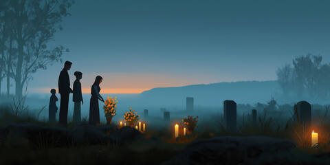 Family pays respects at a graveyard during sunset, amidst candlelit gravesites with flowers in a somber and reflective scene.
