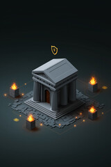 Bank architecture, digital security concept. Protecting financial infrastructure from digital fire and cyber attacks with safety protocol.
