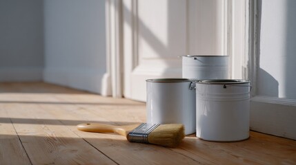 Sunny morning light bathes paint cans and brush, whispering of DIY rebirth, Spring Equinox renewal, creative sanctuary