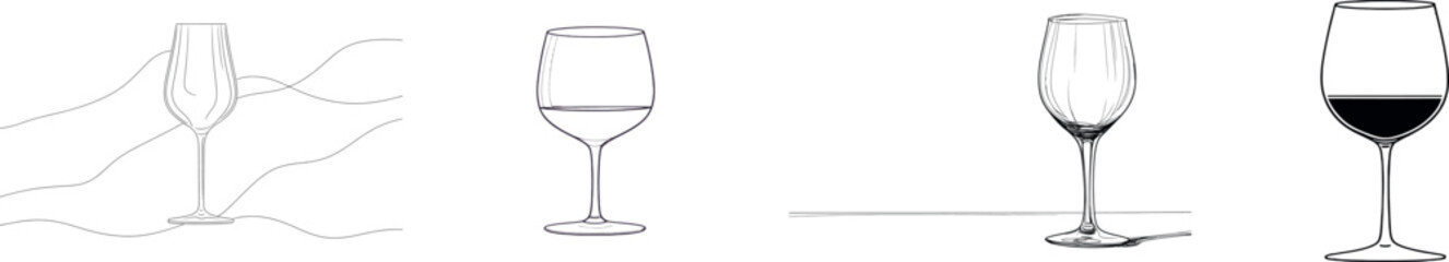A minimalist linear concept of celebration and cheering is represented through a continuous line drawing of glasses of red wine, presented as a modern editable illustration