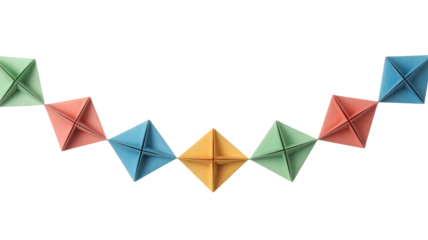 A colorful, wavy chain of interconnected origami paper modules in green, red, blue, and yellow on a dark transparent background. background removed