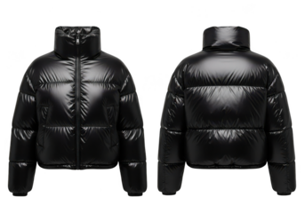 Front and back views of a shiny black puffer jacket on black background