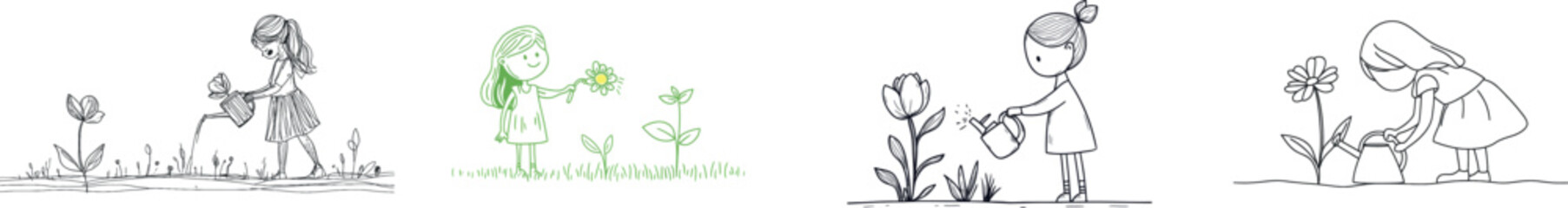 A small child is tending to plants in a vegetable garden, watering one from a can, as part of a one-line drawing that features line art on a white background with a minimum of one continuous line