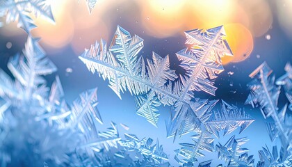 Intricate frost patterns form on a cold window pane with soft bokeh lights in the background casting a warm glow during daytime winter closeup macro shot