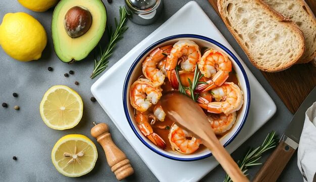 Overhead flat lay food photography, cooked shrimp in white enamel bowl with blue rim, garnished with fresh rosemary, light gray concrete texture background, sliced baguette bread on white rectangula