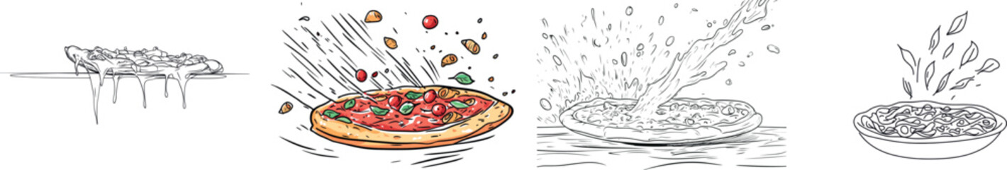 A continuous line drawing shows a fork and a spaghetti noodle, pasta, isolated on a white background