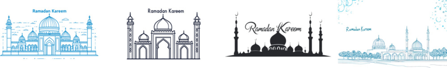 Big mosque tower drawn in one continuous line with a handwritten inscription that reads Ramadan Kareem