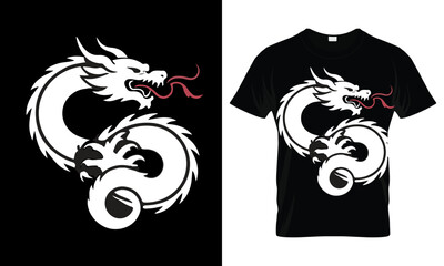 Dynamic White Dragon T-Shirt Design Vector Illustration on Black Background, Mythical Creature Apparel Graphic