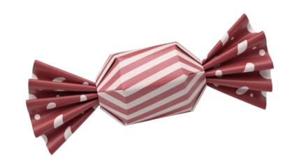 A stylized candy with a red and white striped center and polka-dotted twisted ends. Perfect for festive themes and sweet treats. background removed
