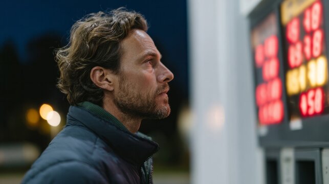 A pensive Caucasian man contemplates gas prices at twilight, evoking thoughts of Beltane festivities and frugal living rites