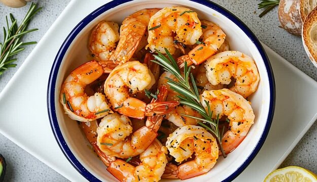 Overhead flat lay food photography, cooked shrimp in white enamel bowl with blue rim, garnished with fresh rosemary, light gray concrete texture background, sliced baguette bread on white rectangula
