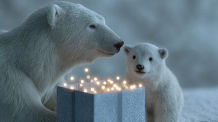 Polar bears inquisitively peer at a glowing gift box, evoking Arctic mystery and Yule celebrations, signifying wintry wonderment