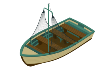 An isometric vector illustration of a small fishing boat with nets, wooden benches, and a teal and beige hull. background removed