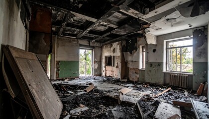 Decayed interior with charred debris, peeling paint, and exposed structure through a window with natural light