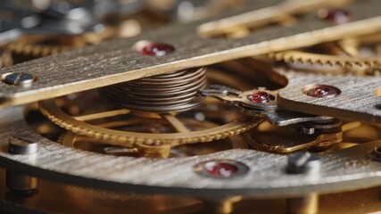 Close Up Watch Mechanism Ticking in Macro Detail, Gold, Silver Gears, Red Jewels