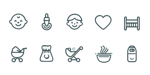 Baby care and infancy essentials outline vector icons
