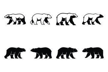 polar bear simple vector icon set. christmas silhouette icons on black color and white background.